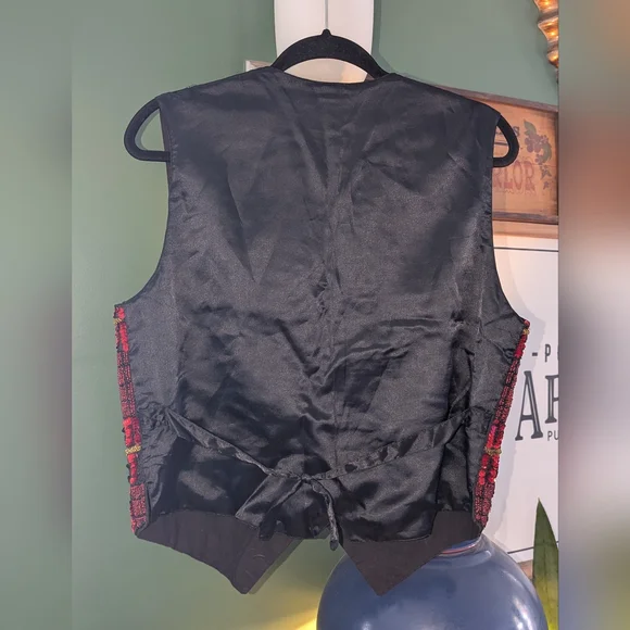 Vintage 70s 80s Theo Black & Red Plaid Heavily Sequined Vest Adult Small Beads - Picture 8 of 8